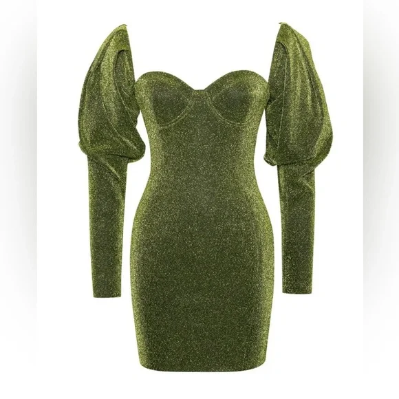 Miss circle Green Metallic Puffed Shoulder Sleeve Mini Dress - Picture 4 of 6